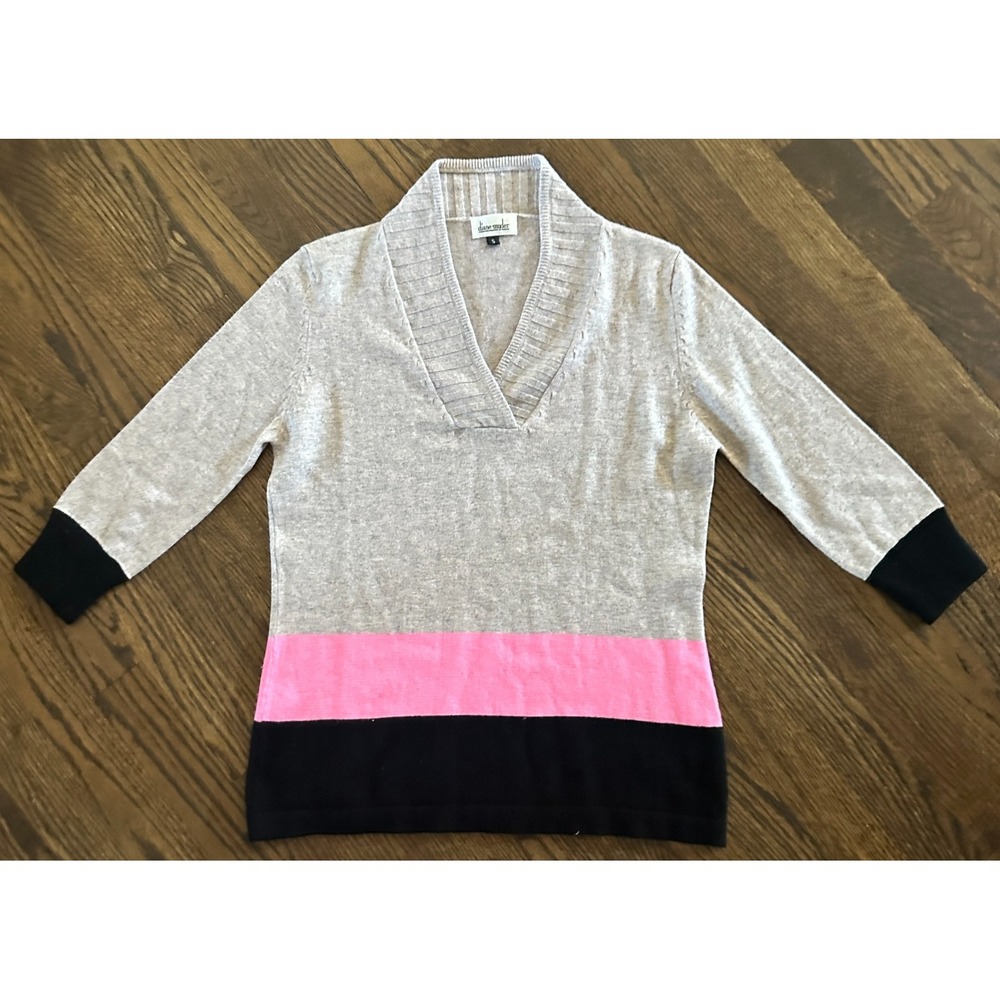 Diane Snyder Cashmere Silk Colorblock V-Neck Sweater Gray Pink Black Small